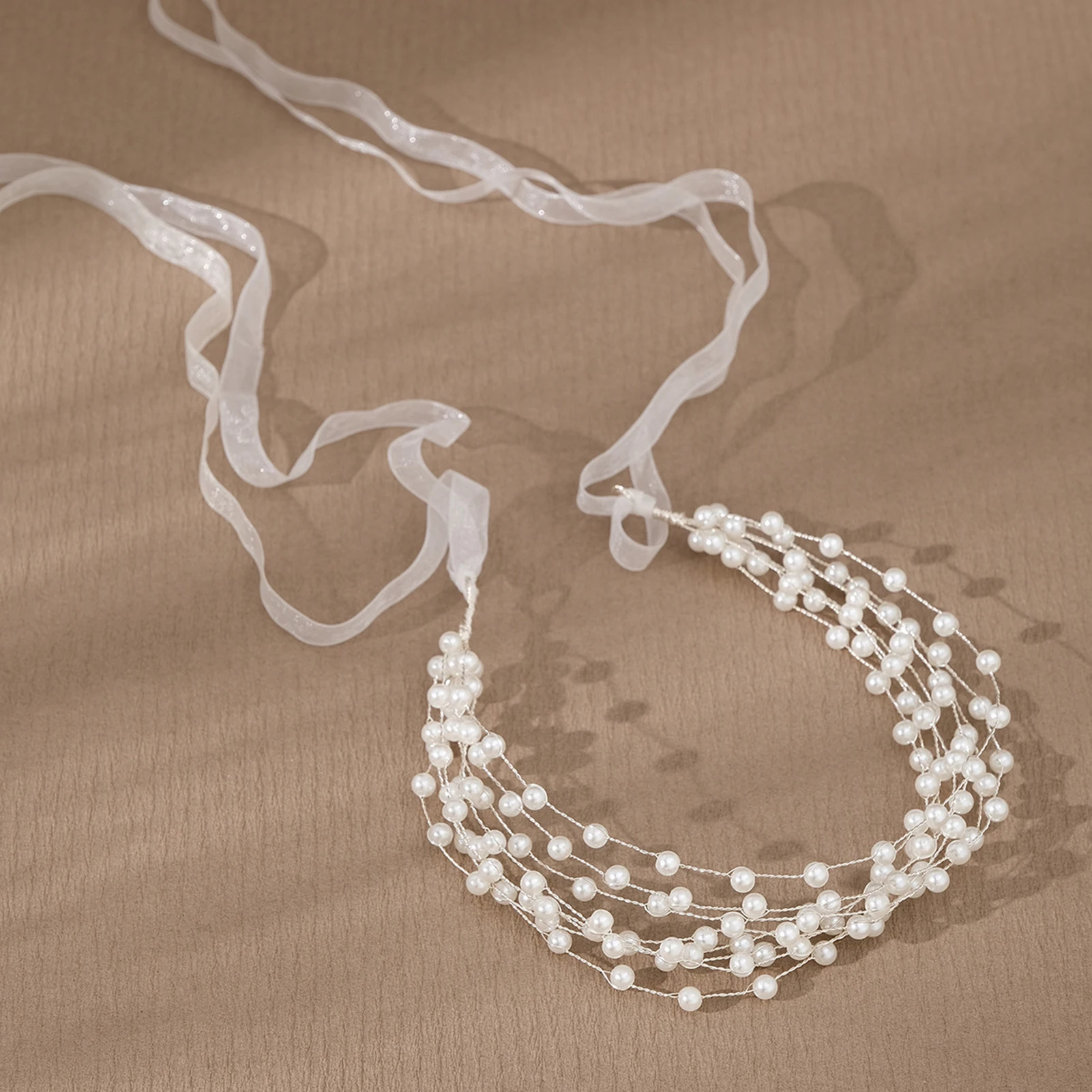 Full Pearls Hairband Women Tiaras Elegant Jewelry Wedding Bride Hair Accessories Girls Decoration With Ribbon Hair Decoration