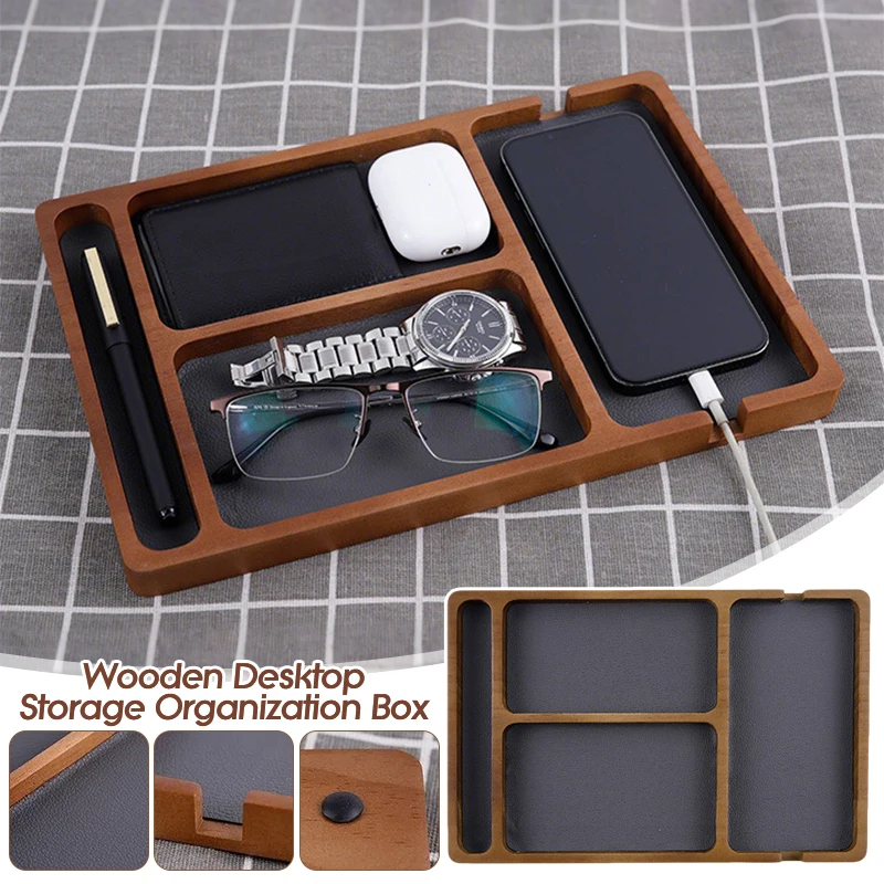 

Wooden Storage Tray Office Desktop Storage Box with Solid Wood Grid for Glasses Mobile Phone and Earphones Storage Box New