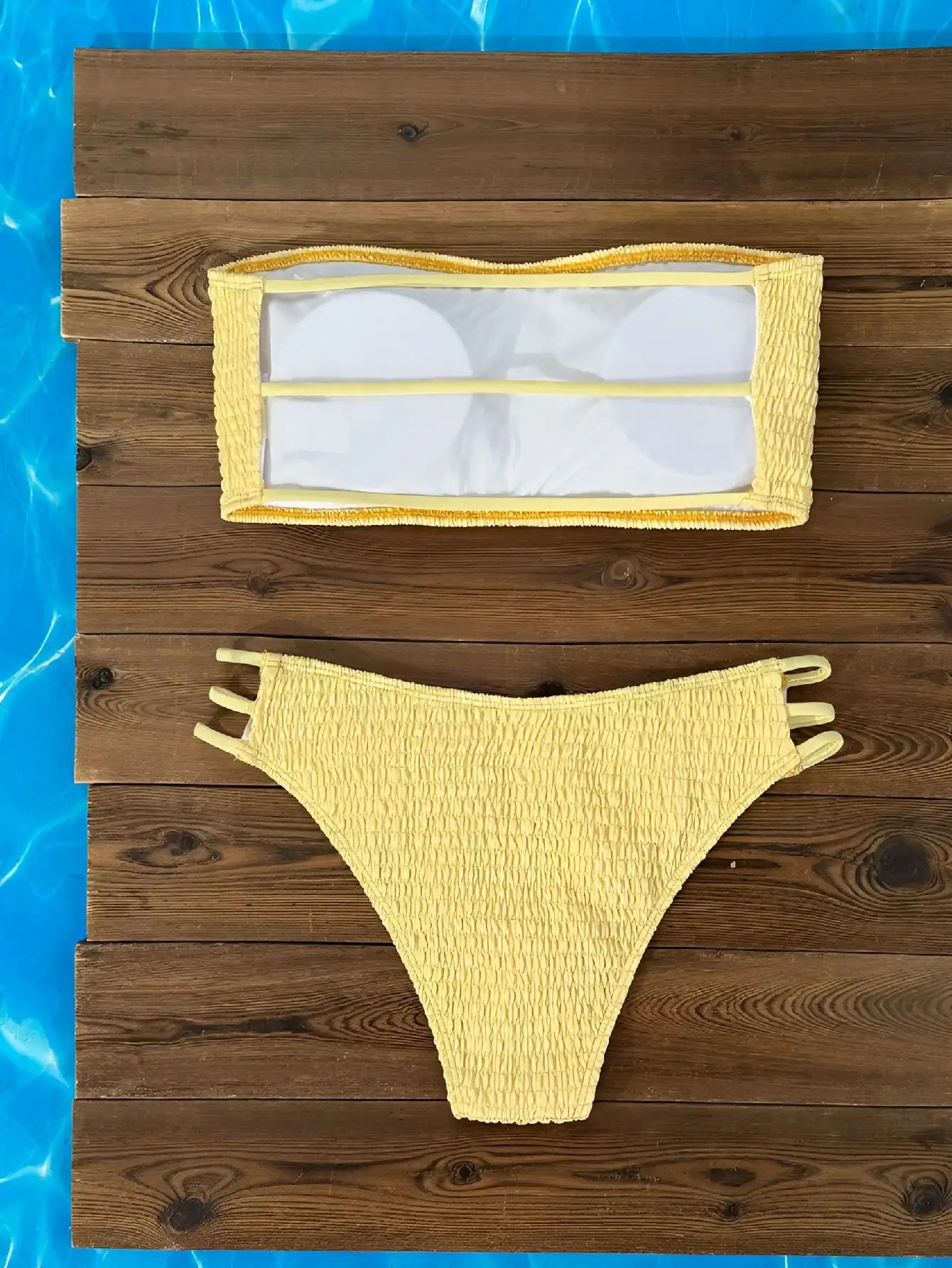 Women Yellow Smocked Bandeau Bikini Set Strapless Tube Top Side Cutout Strappy High Cut Two Piece Swimsuit Beach Swimwear