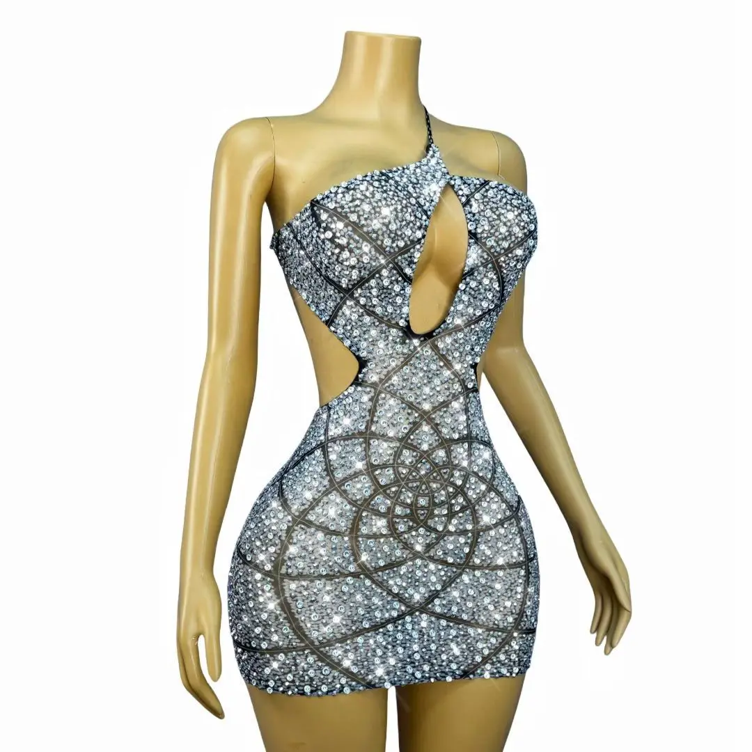 Vrouwen Sexy Glanzende Diamanten Steentjes Gedrukt Bodycon Mini Uitgesneden Jurk Avond Club Party Nightbar DJ Gogo Podiumkostuums
