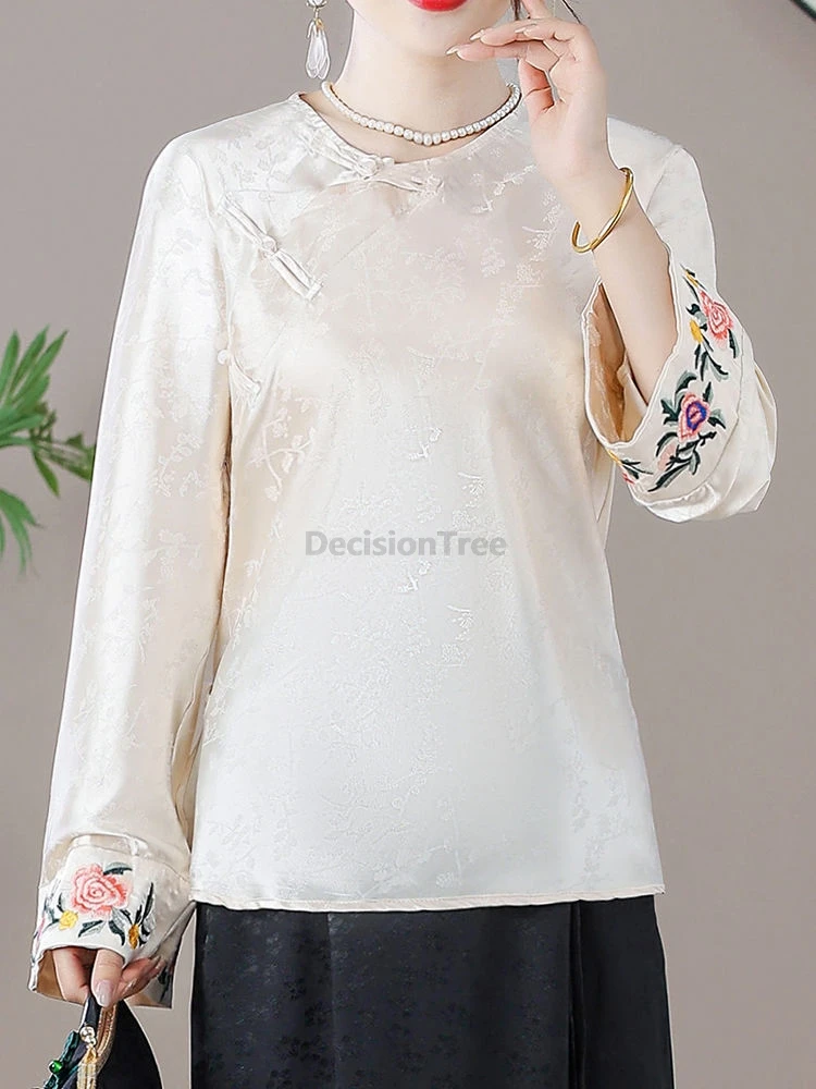 بلوزة تشيباو أنيقة ومزاجية لطيفة على الطراز الصيني لعام 2025، بلوزة مطرزة برقبة دائرية محسنة، بلوزة نسائية كلاسيكية #5