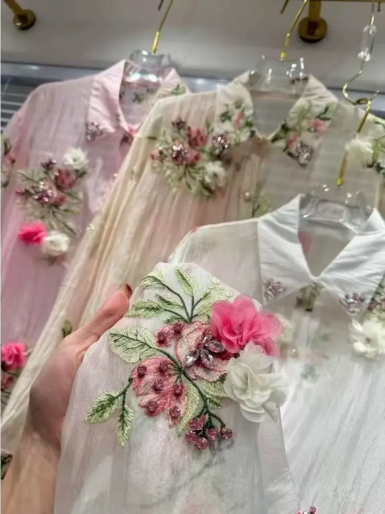 Luxus Design Sommer Sparkle Diamanten Blumen Stickerei Party Shirts Blusen frauen Leichte Sonnencreme Top Frau Kleidung