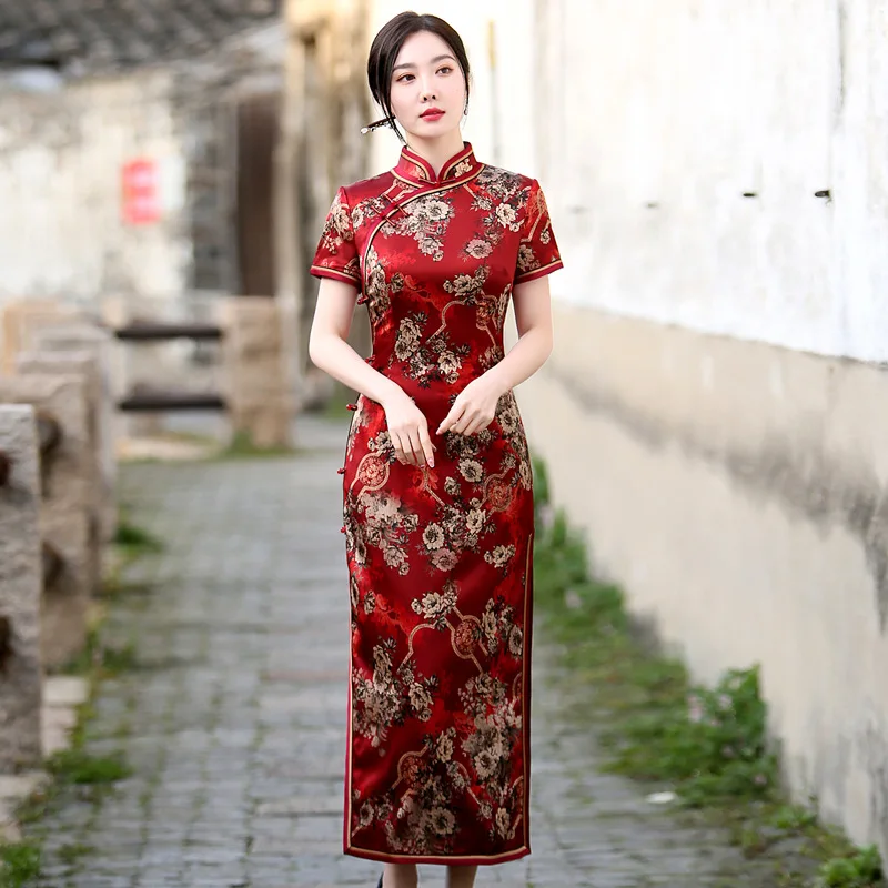 Old Shanghai High Quality Real Silk Cheongsam Qipao 2024 New Improved Retro Chinese Style Dress Temperament Long