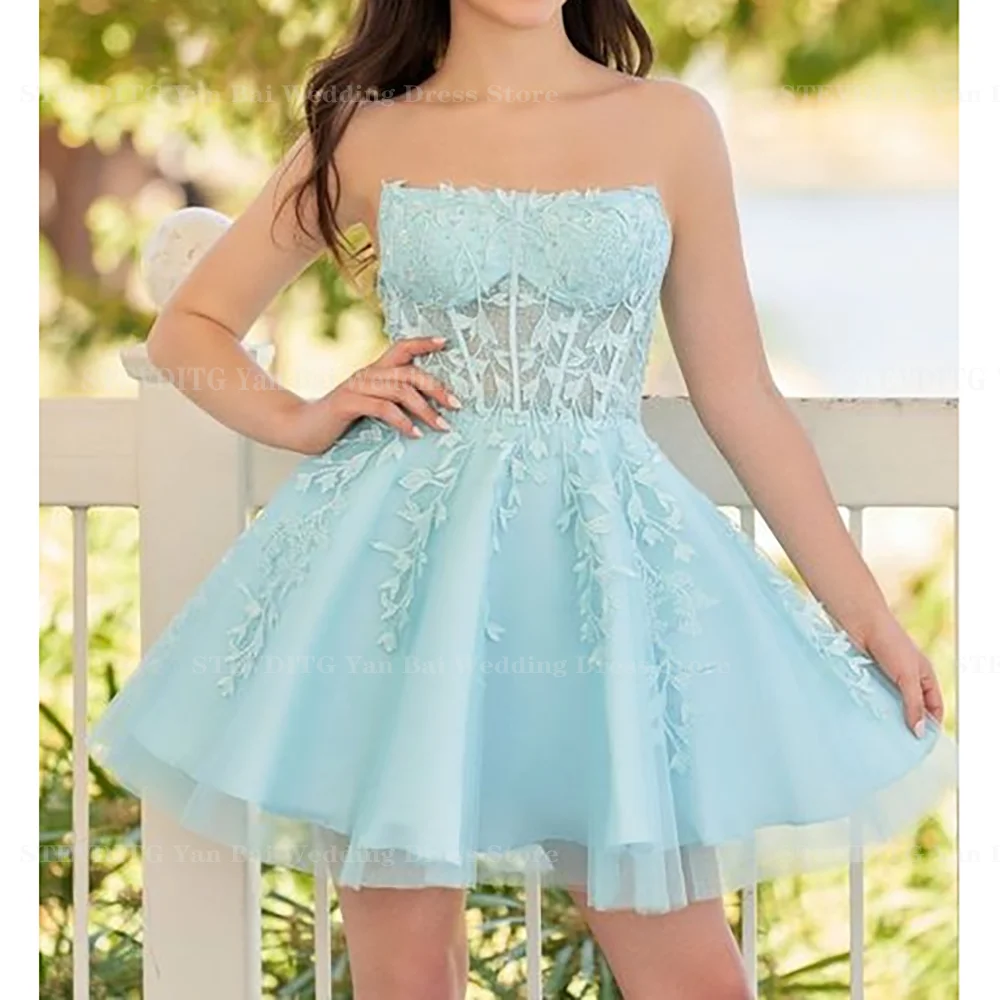 Sexy Mini-Abschlussballkleider für Frauen, schick, exquisite Spitzenapplikation, trägerlos, rückenfrei, Ballkleid, formelle Anlässe, Cocktailpartykleid