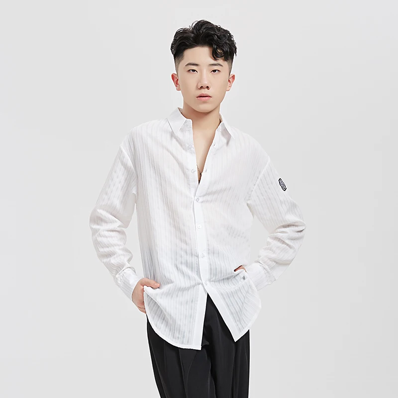 الرجال الوطنية القياسية اللاتينية الرقص قميص الكبار الذكور طويلة الأكمام شريطية قمصان قاعة الرقص ممارسة الأداء القمم BL13678