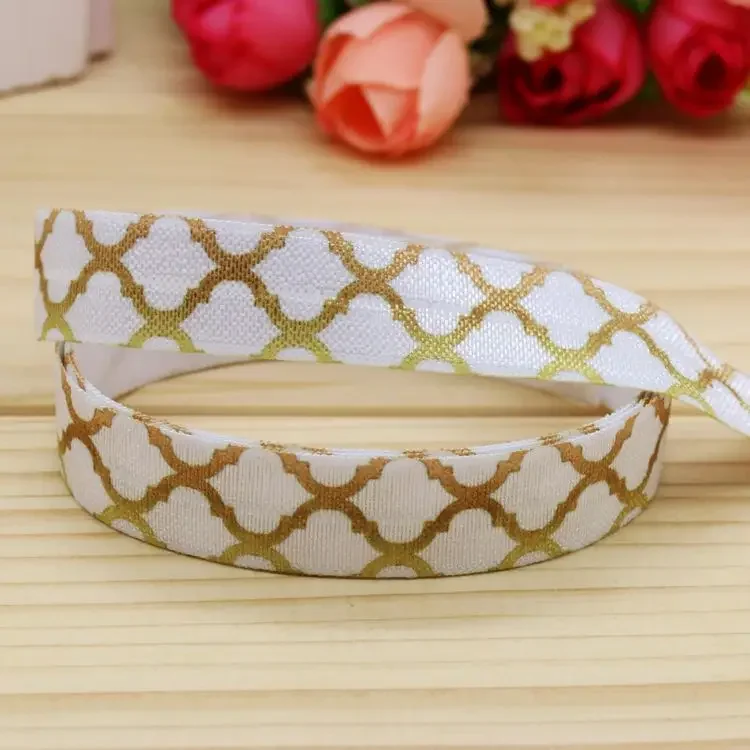 DHK 5/8'' 5yards Fold Elastic FOE gold color Quatrefoil printed headband headwear hairband diy decoration OEM Wholesale E132