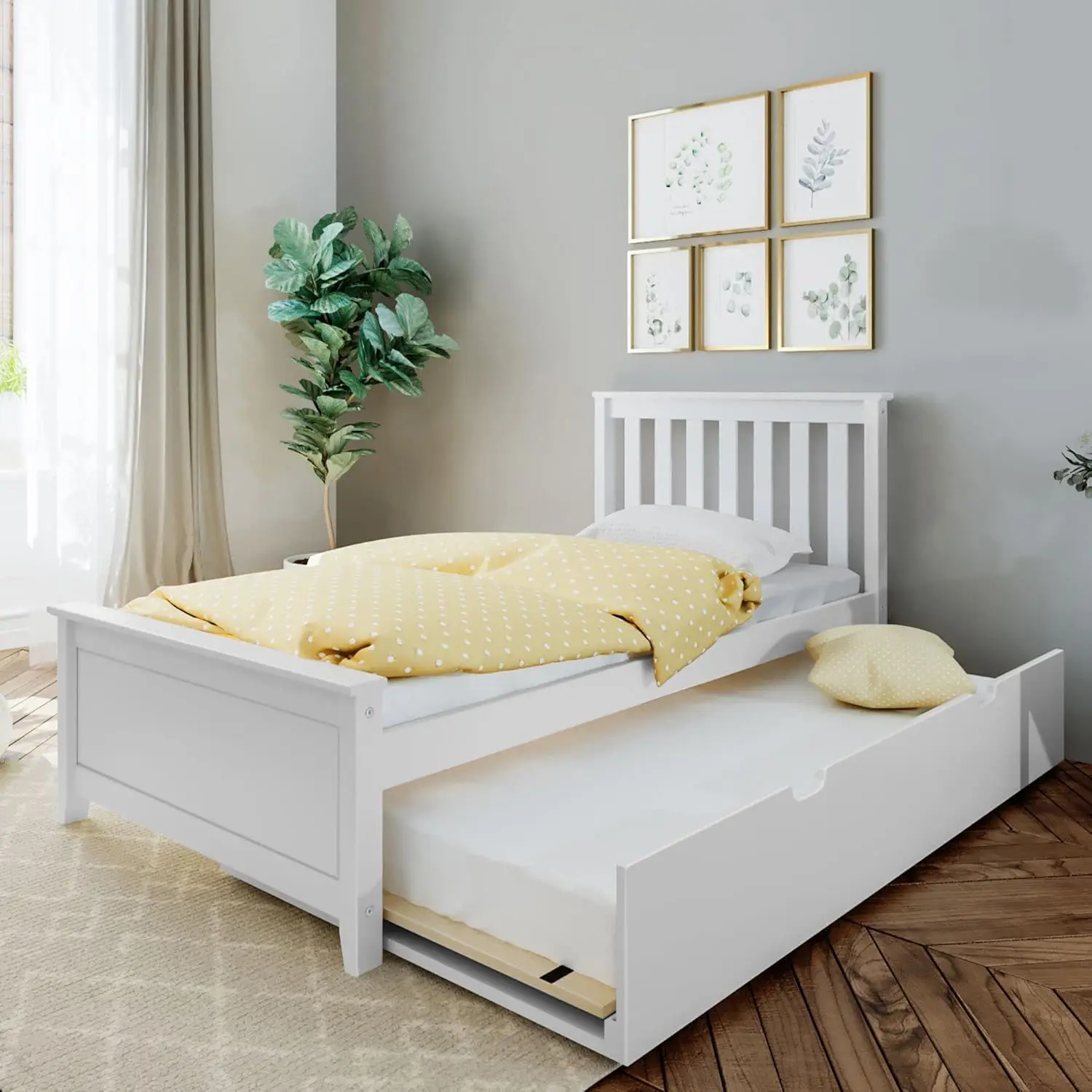 Twin Bed, Wood Bed Frame with Headboard For Kids with Trundle, Slatted, White