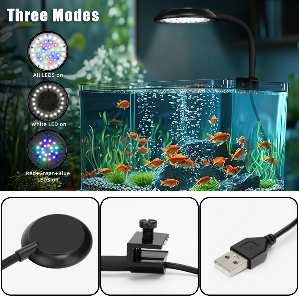 7W LED Aquarium Light for 1 to 5 Gallon Fish Tanks Clip On Light USB Aquarium Lamp with Full Spectrum Dimmable with Timer