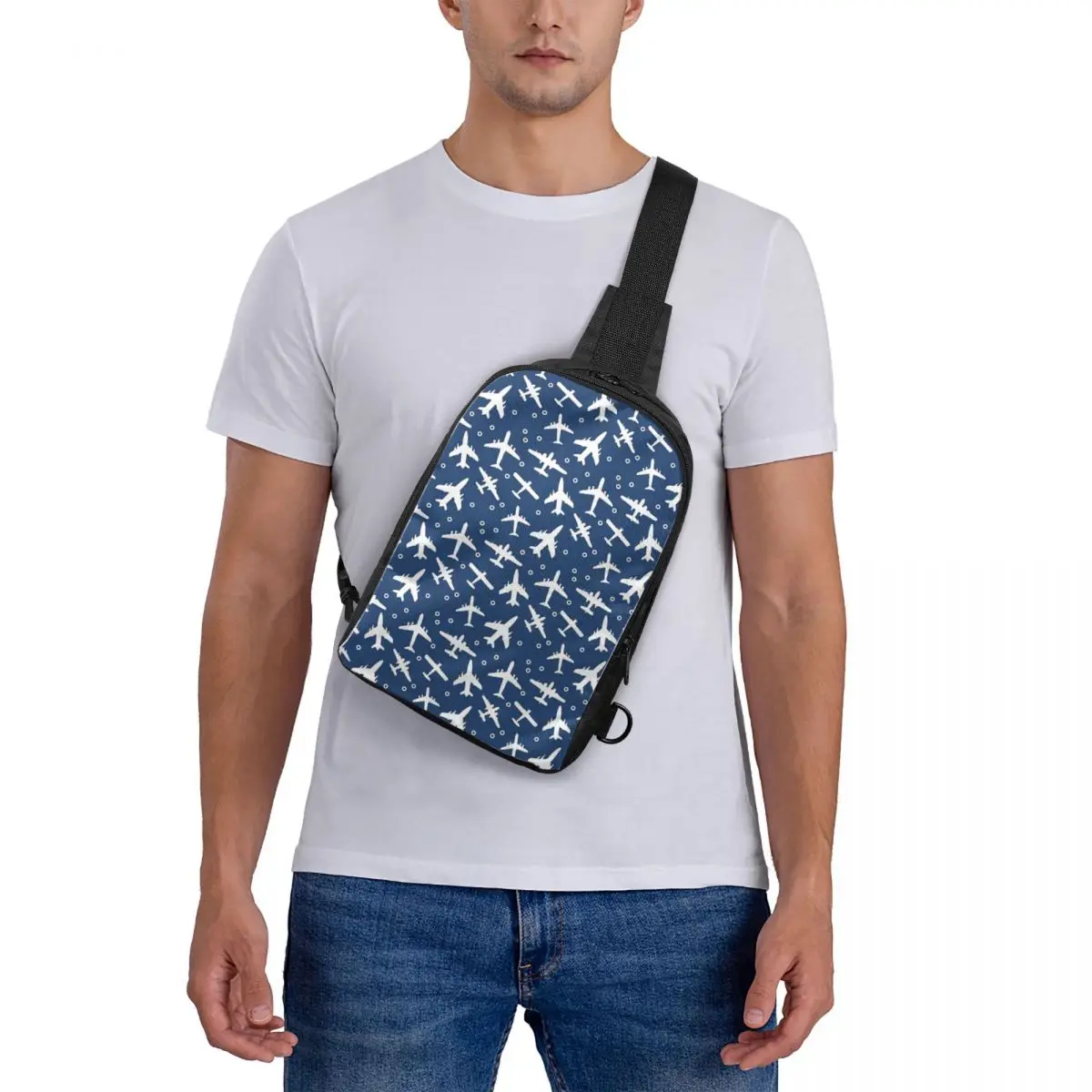 

Blue And White Aeroplanes Silhouette Pattern Chest Bag Crossbody Backpack Sling Shoulder Bag For Men Traveling Hiking Daypack