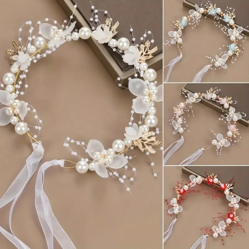 Accesorio para el cabello de perlas para niña, corona de flores romántica, regalo para niños, joyería Kawaii, diadema de moda, accesorio para el cabello, 1 unidad