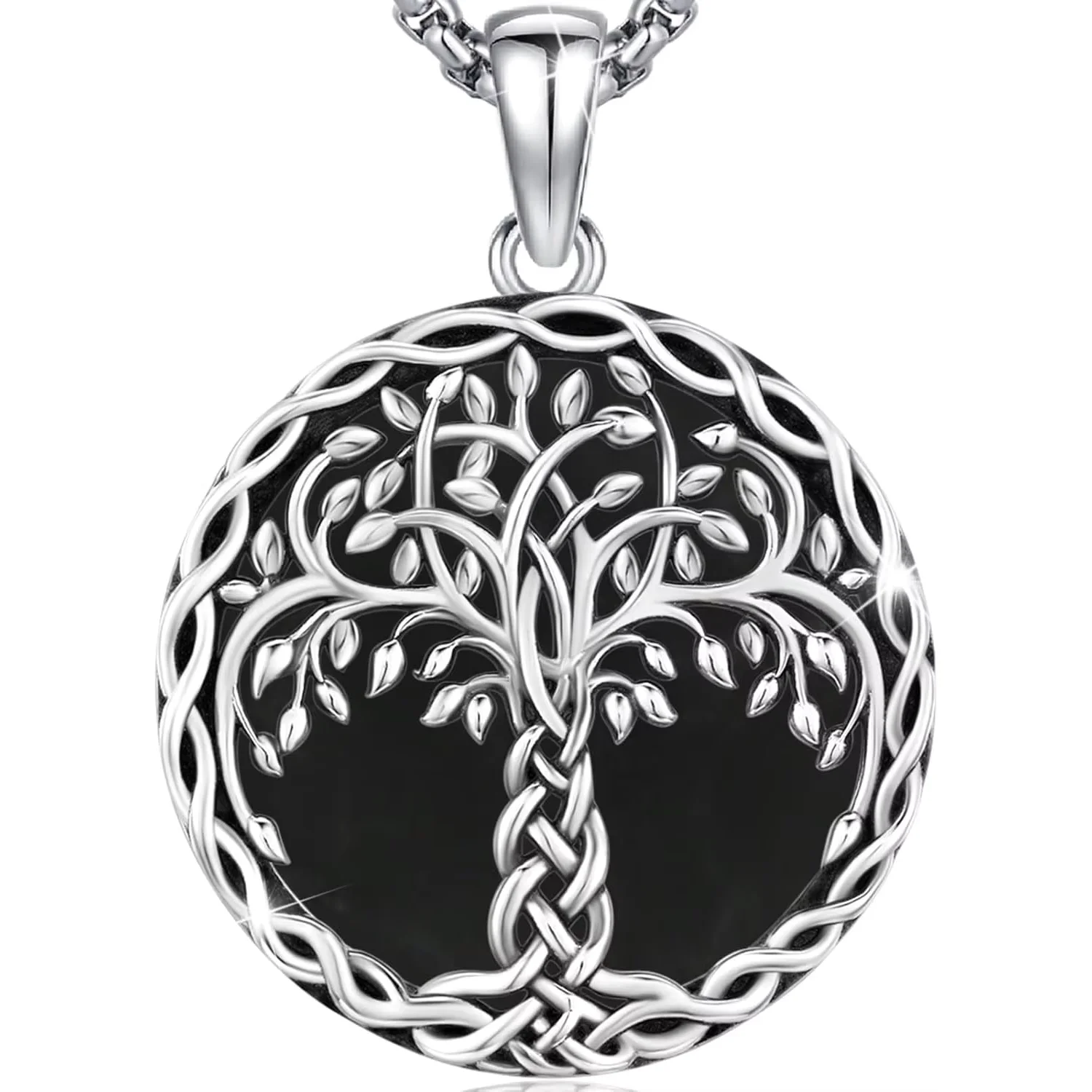 

925 Sterling Silver Tree of Life Necklace Pendant Black Agate Celtic Knot Family Tree Jewelry for Men Women Father's Day Gift