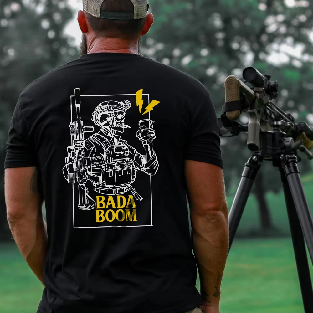 

2025 New Military Style T Shirt Men Bada Boom Skull O Neck Short Sleeve Tees Tough Guy Clothing Summer Tactical Streetwear Tops