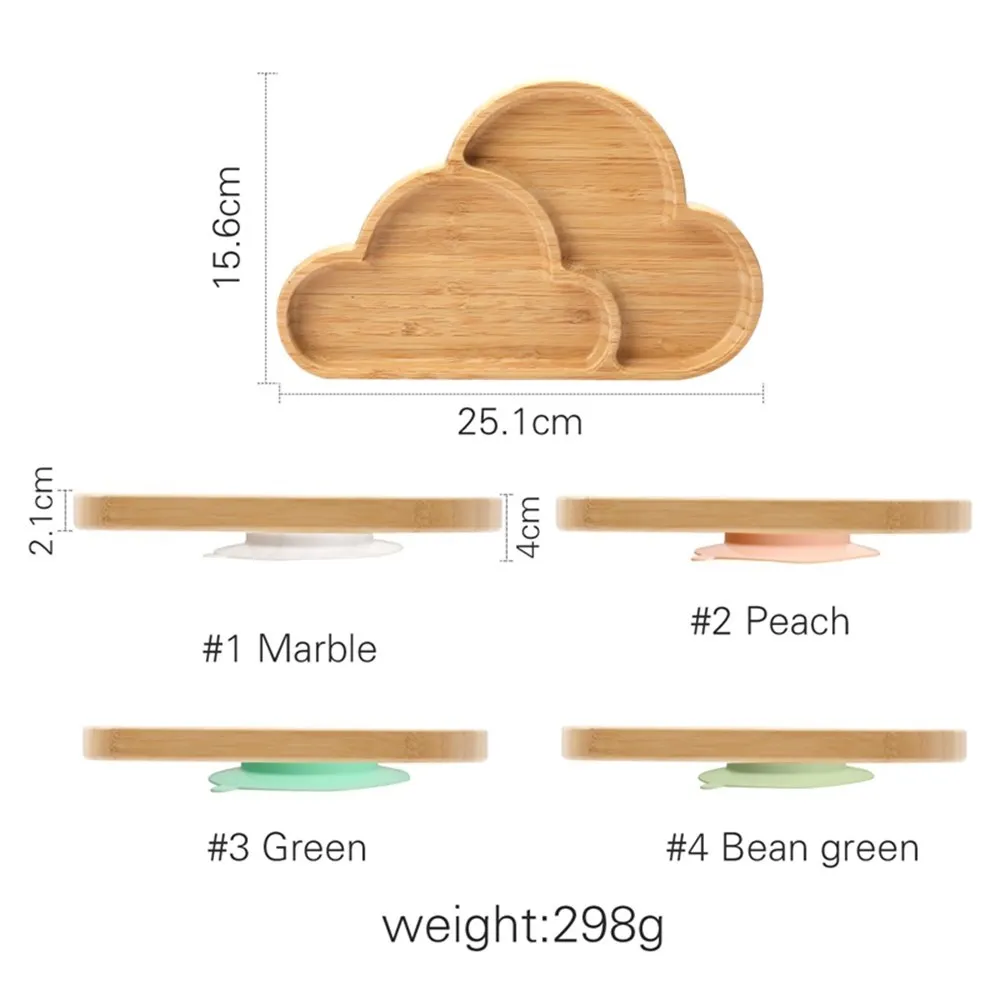 1Set Baby Feeding Cartoon Cloud Bamboo Dinner Plate Silicone Suction Cup Wooden Spoon Baby Can Adsorb Tableware Gift For Newbaby