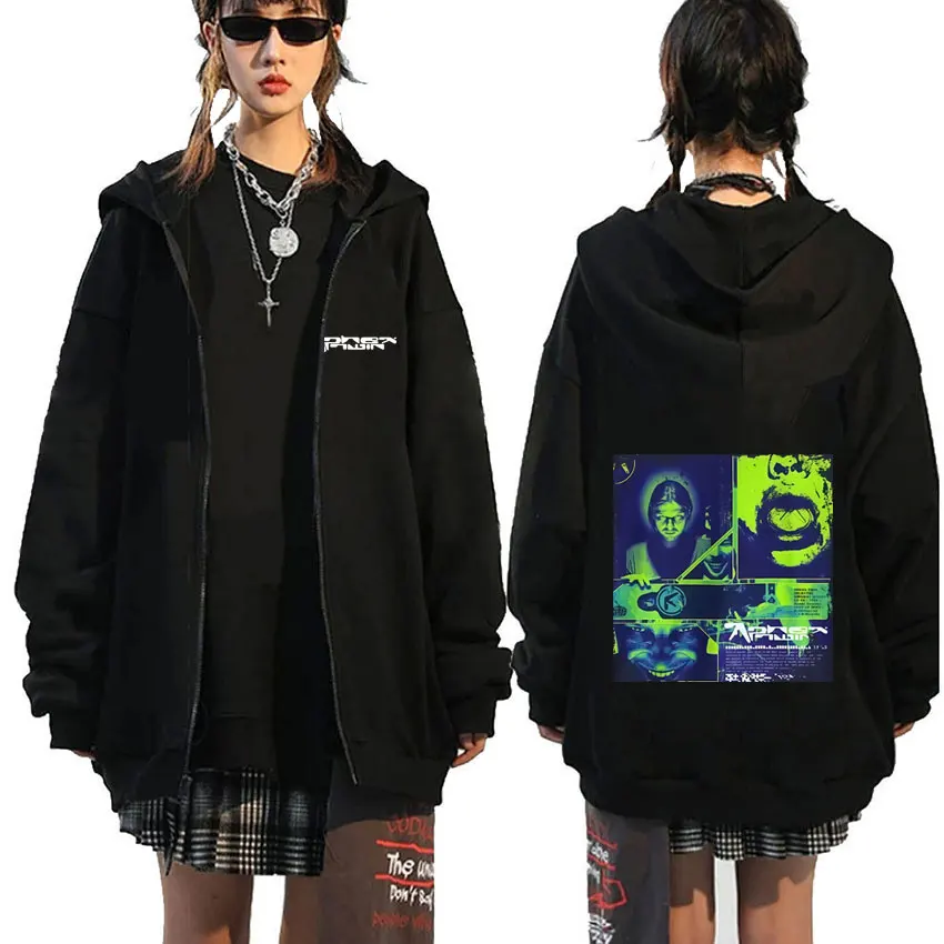 Aphex Twin Grafische Rits Hoodie Mannen Vrouwen Kleding Casual Vintage Hoodies Unisex Mode Elektronische Muziek Zip Up Jasje