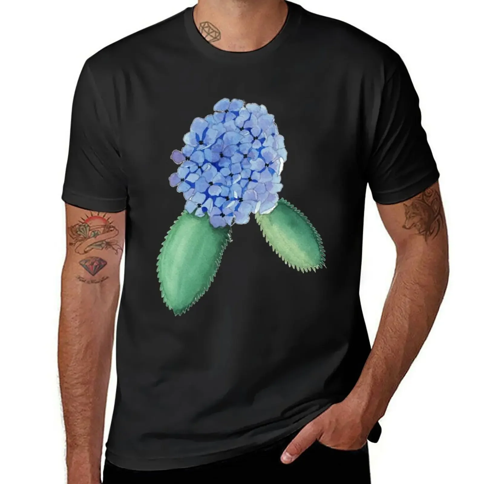 Blue Hydrangea Watercolor Painting T-Shirt custom shirt cheap stuff plain vintage anime shirt t shirts for men cotton