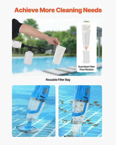 Pool Vacuum 26 GPM Rechargeable Pool Cleaner Max. 1H with Extension Pole