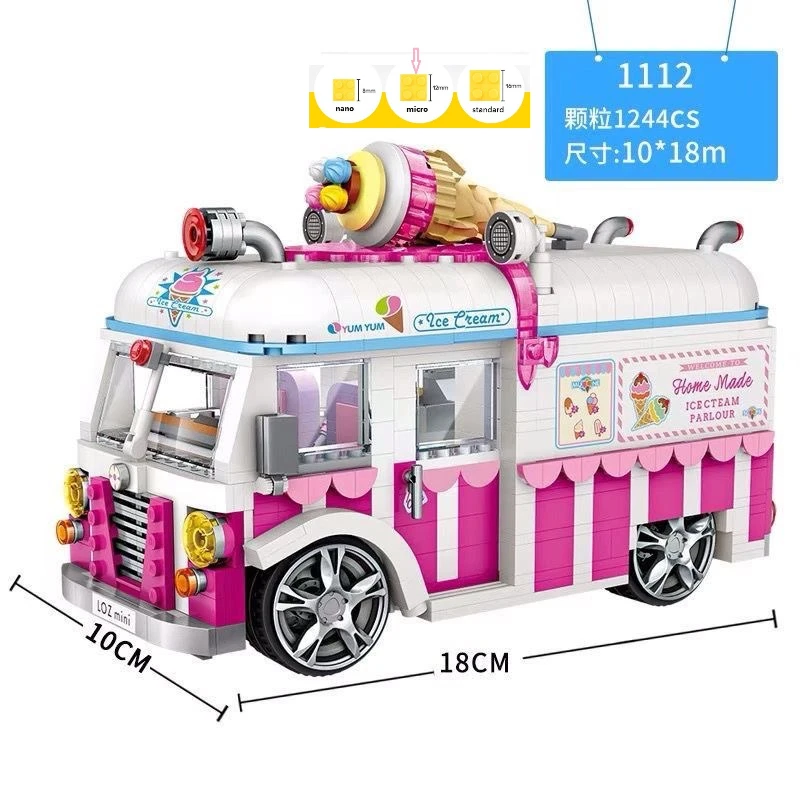 LOZ Plastic Blocks Cute Pink Ice Cream Car Model DIY Building Bricks Brinquedos Fun Toys New Year Gifts 1112