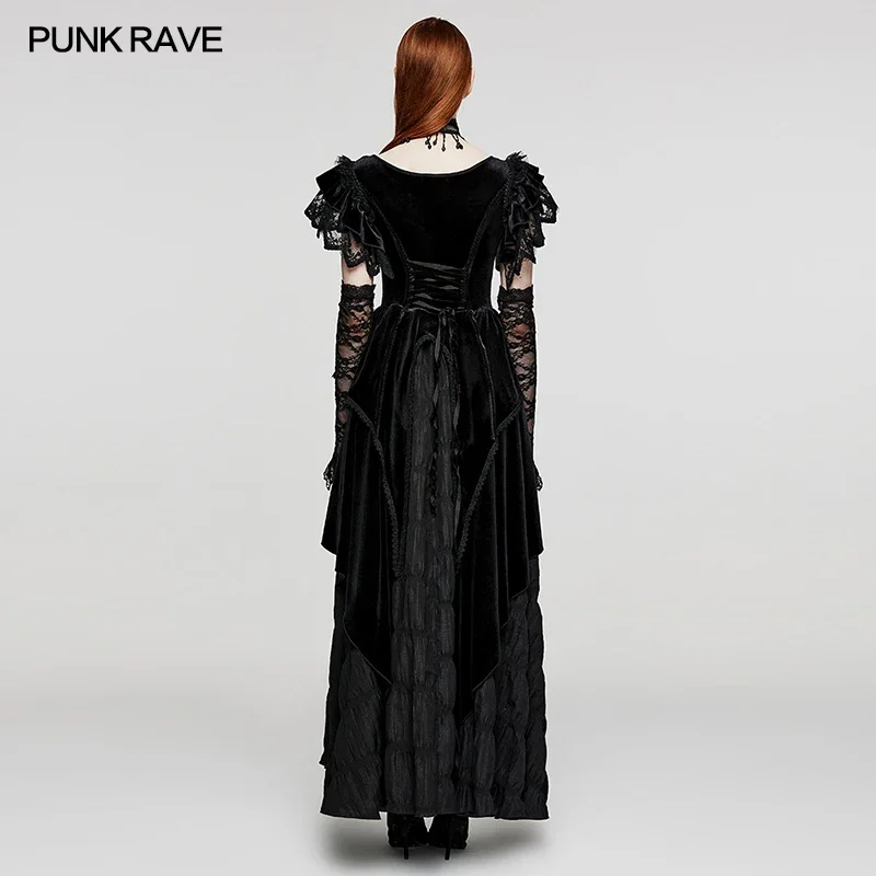 PUNK RAVE Women\'s Gothic Pointed Velvet Symmetrical Dress Skirt  Party Club Long Dresses Women Clothing Pair with Lace Gloves