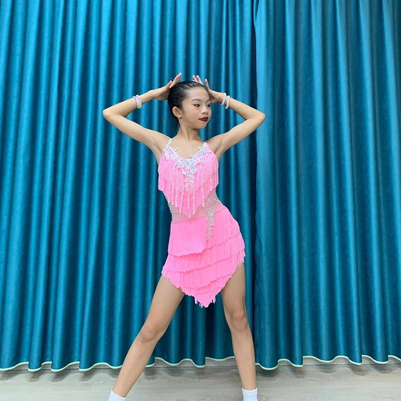 

Pink Tassel Dance Dress Professional Latin Competition Performance Skirt For Women Girl Adult Senior New Art Test Clothes Tassel