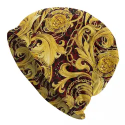 Golden Lion Baroque Vintage Skullies Beanies Hats Luxury Gold Flowers Unisex Caps Warm Thermal Elastic Bonnet Knitted Hat