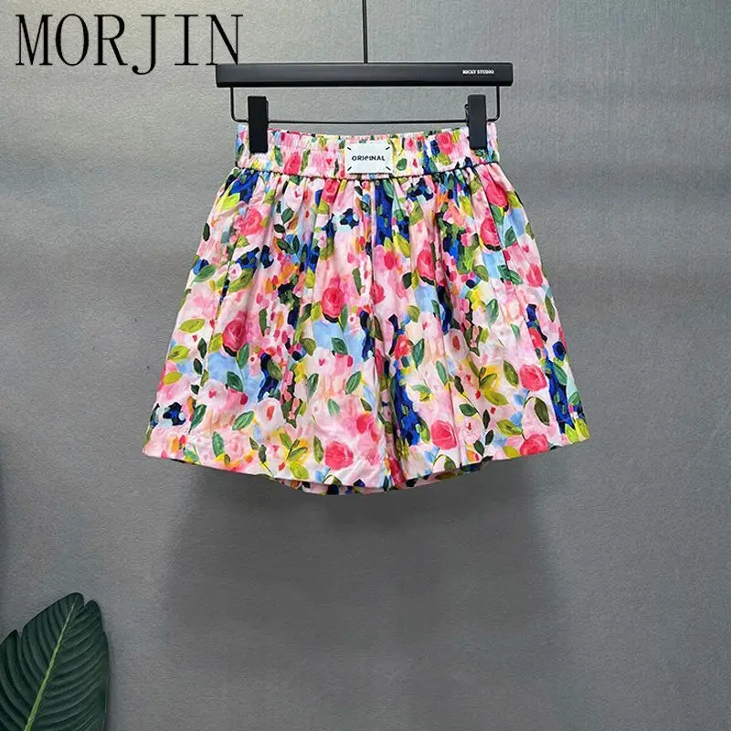 Oversized Summer Casual Printing Multicolor Elastic Waist Wide Leg Pants Femme Fashion Trend Floral High Waist Shorts A727