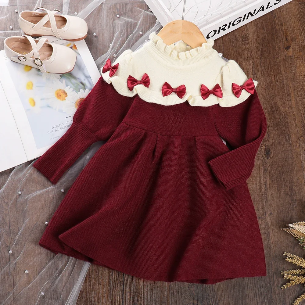 Bear Leader  Kids Dresses for Girls Winter Lace Bow Spliced Sweater Princess Dress Birthday Party Christmas Costume