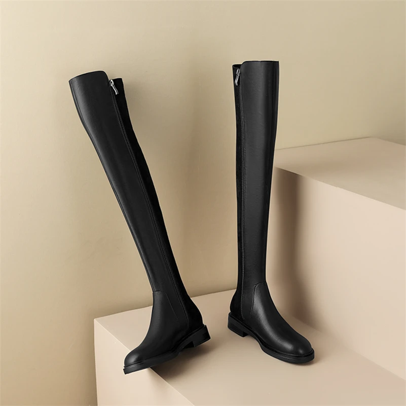 Meotina Women Genuine Leather Thigh High Boots Round Toe Flat Zipper Ladies Fashion Over-the-Knee Long Boot Autumn Winter Shoes