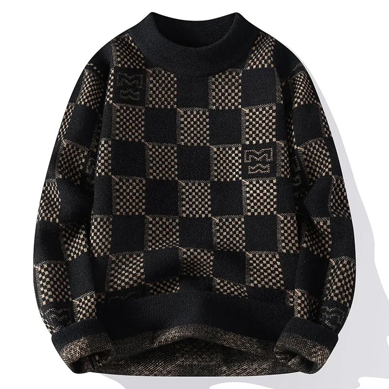 New Checkered Knitted Sweater American 2024 Trendy Men\'s Tops Classic Autumn Knitted Hoodie Fashionable Slimming Harajuku