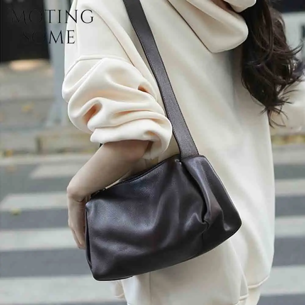 Motingsome Minimalism Style Women Saddle Bags Full Grain Cowhide Shoulder Handbag Mini Tote Daily Bag American Pillow New 2024