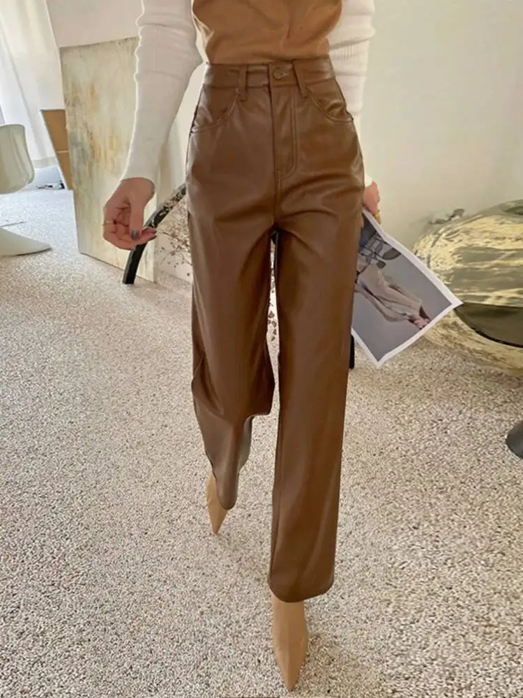 

Wide Leg Leather Pants Women Autumn Winter High Waisted Loose PU Leather Casual Straight Leg Pants