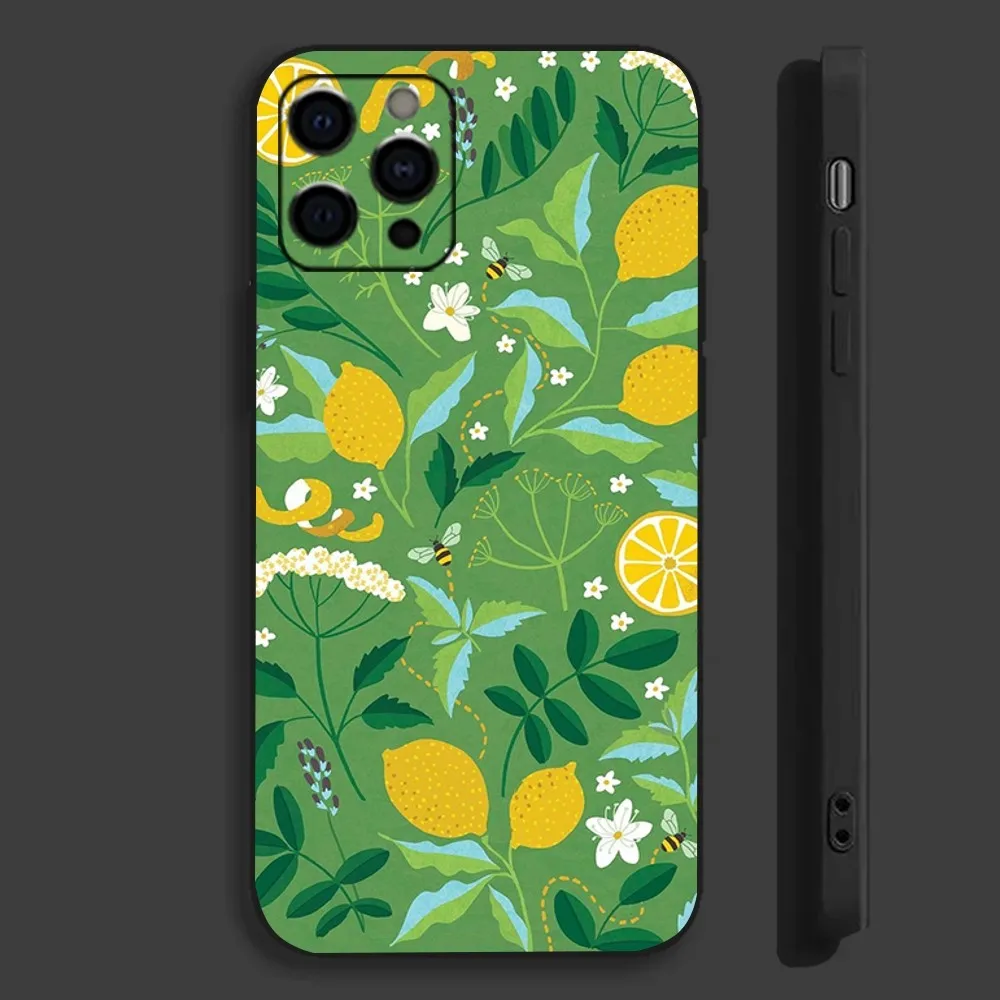 ผลไม้มะนาวภาพวาดเคสโทรศัพท์สําหรับ Apple iPhone 15,14,13,12,11,Pro,X,XS,Max,XR,Plus,mini Soft ปกสีดํา