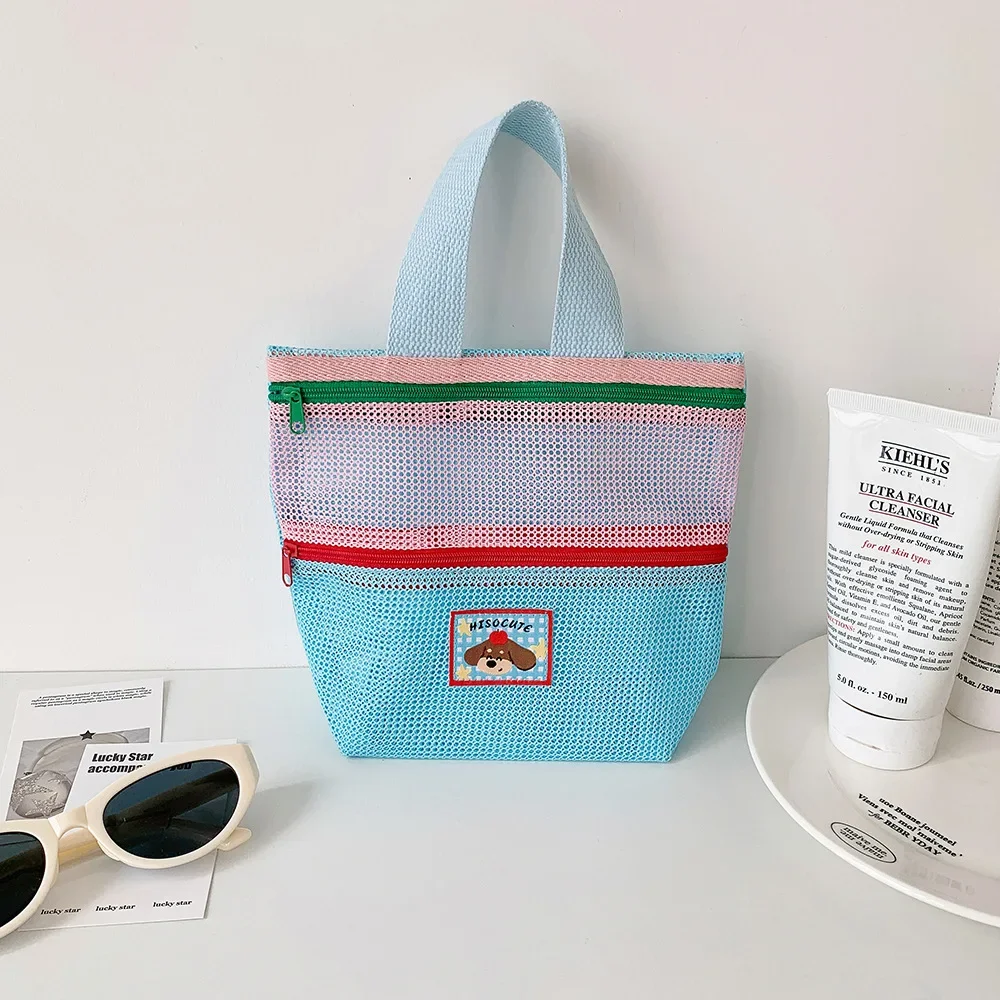 Damen-Kosmetiktasche aus Mesh mit Farbblock-Design, Tragegriff und süßem Applikationsmotiv, kleine Kosmetiktasche für die Aufbewahrung von Reiseutensilien im Alltag – Detail 17
