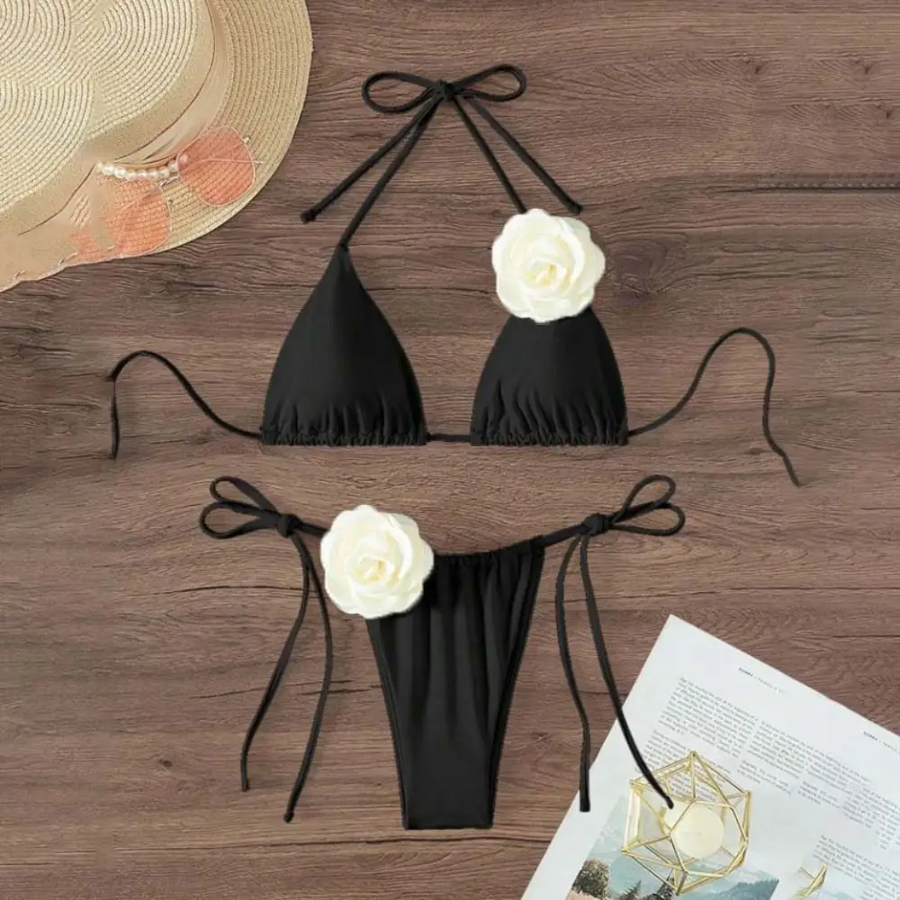 Bikini triangle à nœud floral 3D, maillot de bain 2 pièces, beauté dans le dos, tenue de plage