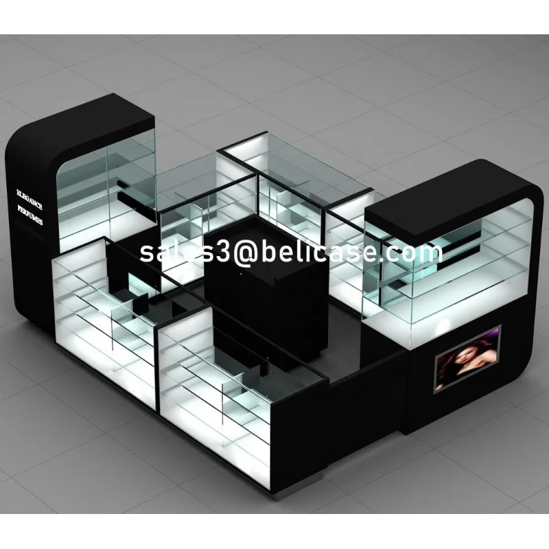 Custom, 10 * 12ft Modern Perfume Kiosk Jewelry Display Kiosk Glass Display Showcase LED Light Mall Kiosk Design Idea