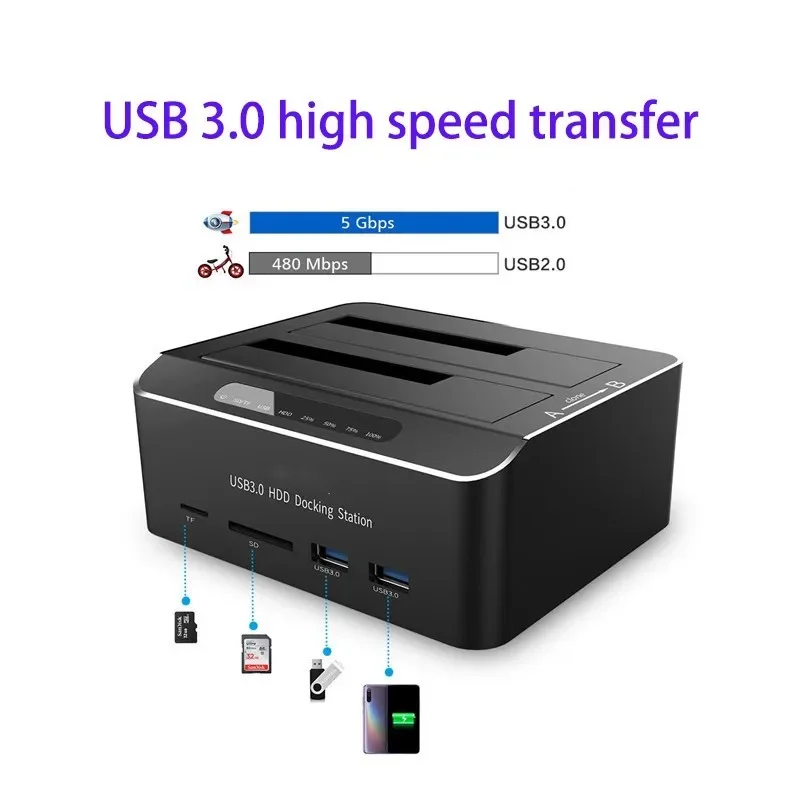 USB 3.0 알루미늄 듀얼 베이 하드 드라이브 도킹 스테이션, 2.5 "3.5" SATA HDD SSD용, SD TF 카드 리더기 포함, 도구 필요 없음