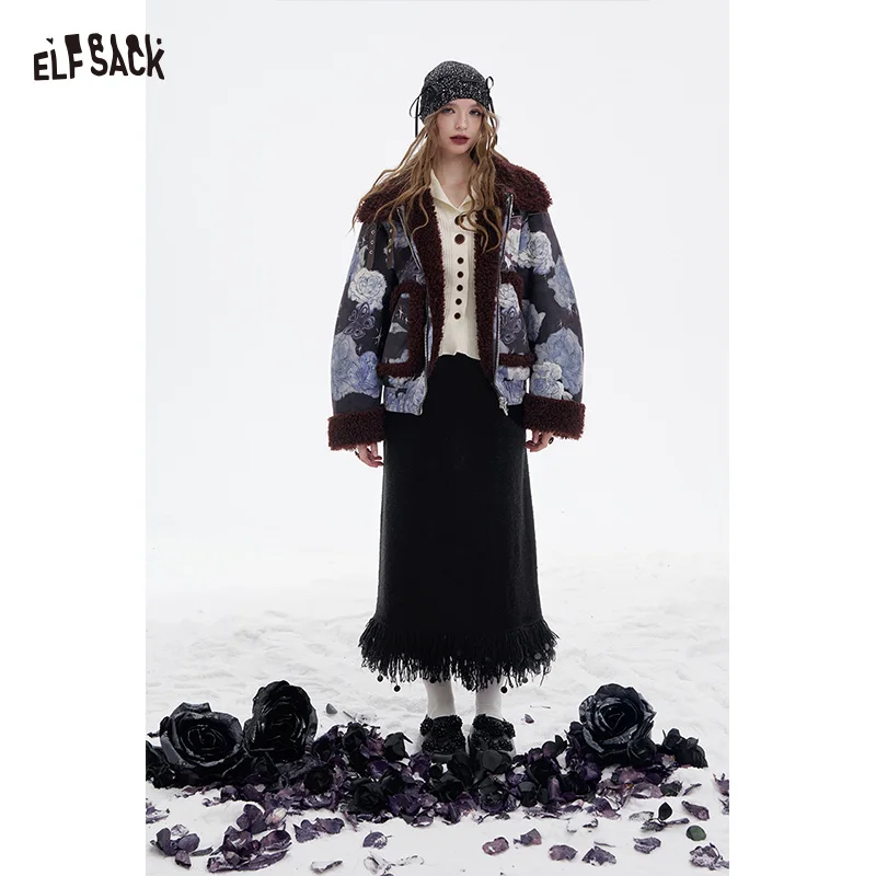 ELFSACK Y2K Solid Fringe Hem A Line Long Half Skirt For Women
