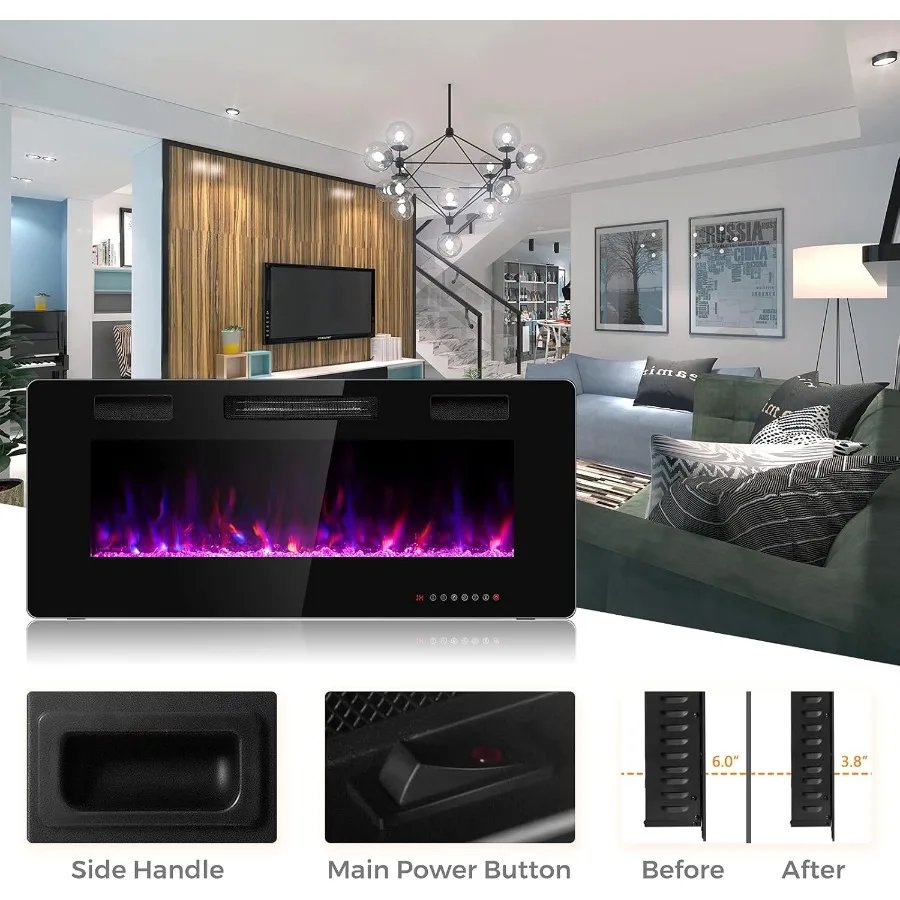 مدفأة كهربائية 42 بوصة 750 وات/1500 وات مدفأة مثبتة على الحائط مع جهاز تحكم عن بعد لغرف المعيشة الداخلية 12
