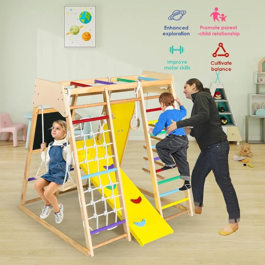 Giocattoli da arrampicata in legno per bambini 10 in 1, palestra nella giungla per bambini con tavolo da disegno, scivolo, arrampicata su roccia e rete, scala, barre scimmie, altalena, G
