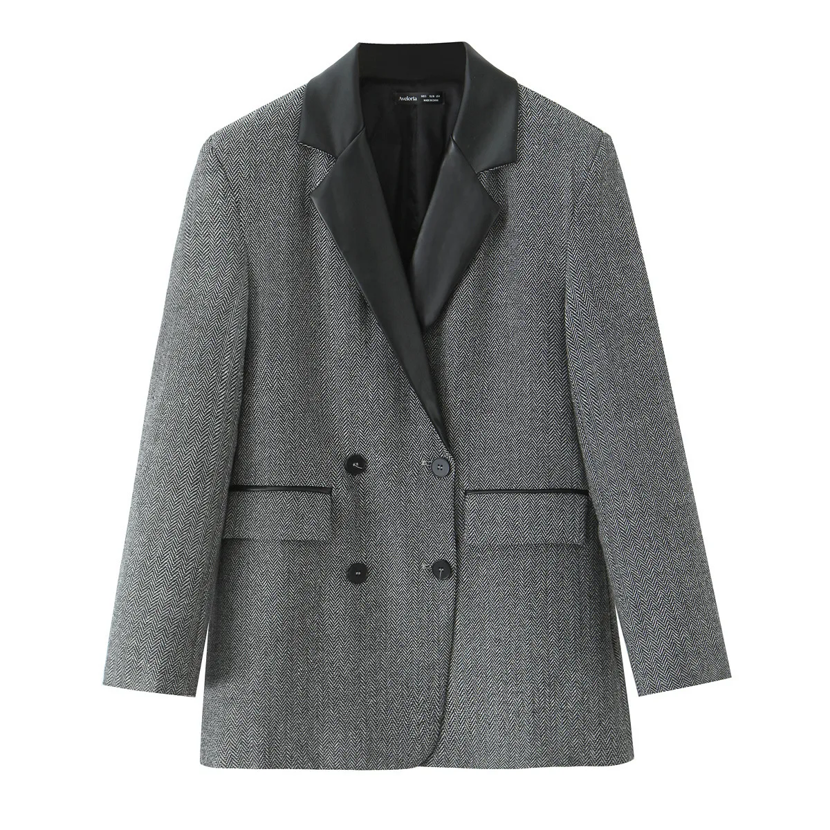 

PU Leather Patchwork Women's Blazer 2025 New Autumn Double Breasted Notch Collar Leisure Office Lady Suit Coat