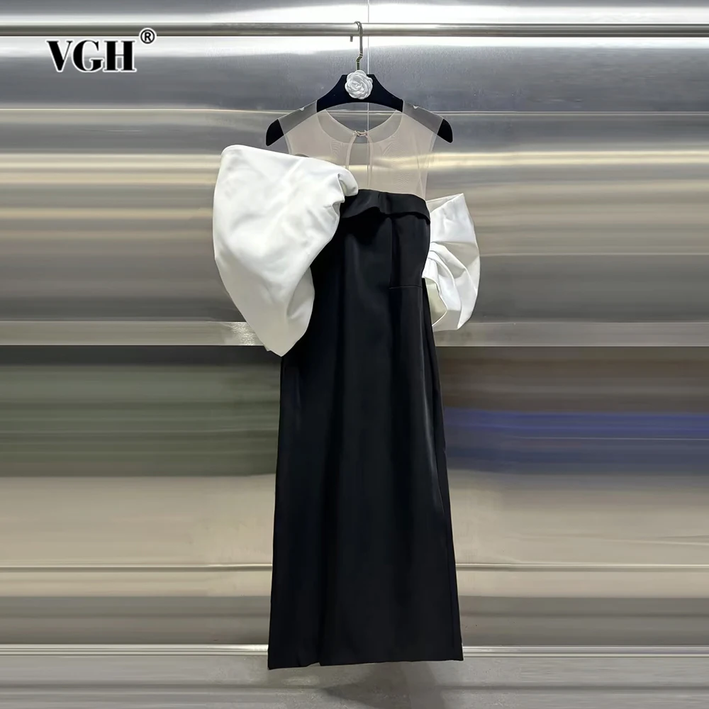 

VGH Hit Color Patchwork Bowknot Elegant Dresses For Women Strapless Off The Shoulder Sleeve High Waist Temperament Dress Female