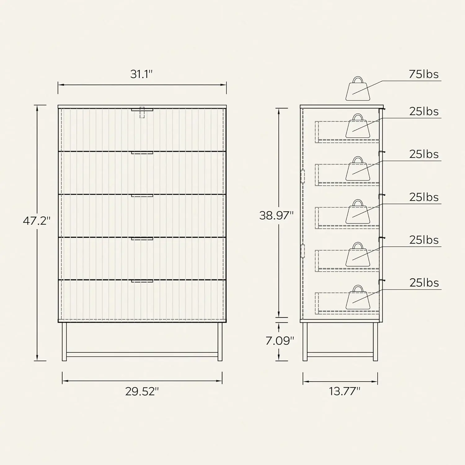 Fluted 5 Drawers Dresser For Bedroom, 47