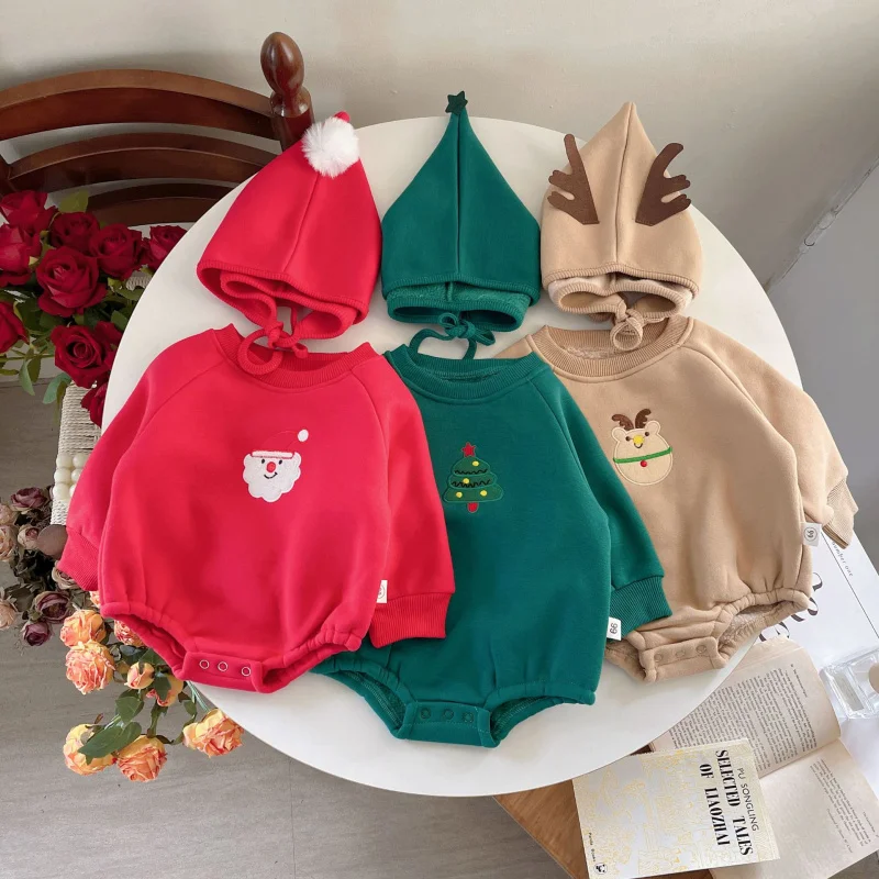 Zestaw ubranek dziecięcych dla dziewczynek i chłopców, ubrania z długim rękawem dla niemowląt i dzieci, świąteczny pajacyk typu haremki do raczkowania + spodnie + czapka, 3-częściowy komplet