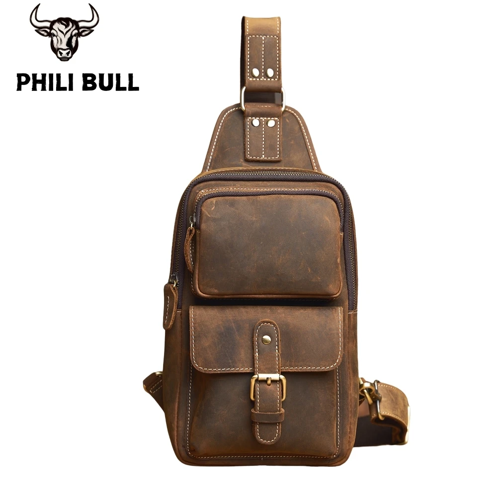 PHILI BULL Genuine Leather Men's Leather Chest Bag Vintage Sling Bag For Men Crossbody Shoulder Bag Casual Small Backpack