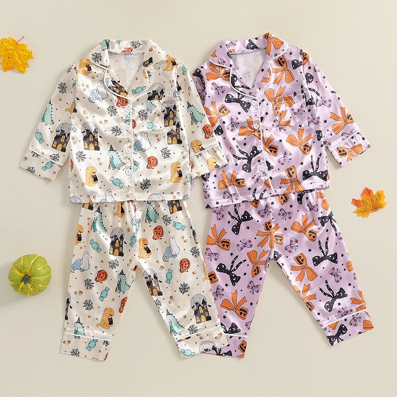 2024-06-13 Lioraitiin Little Girls Halloween Pajama Set, Bow Print Long Sleeve Button Down Tops Elastic Waist Pants Set for Fall