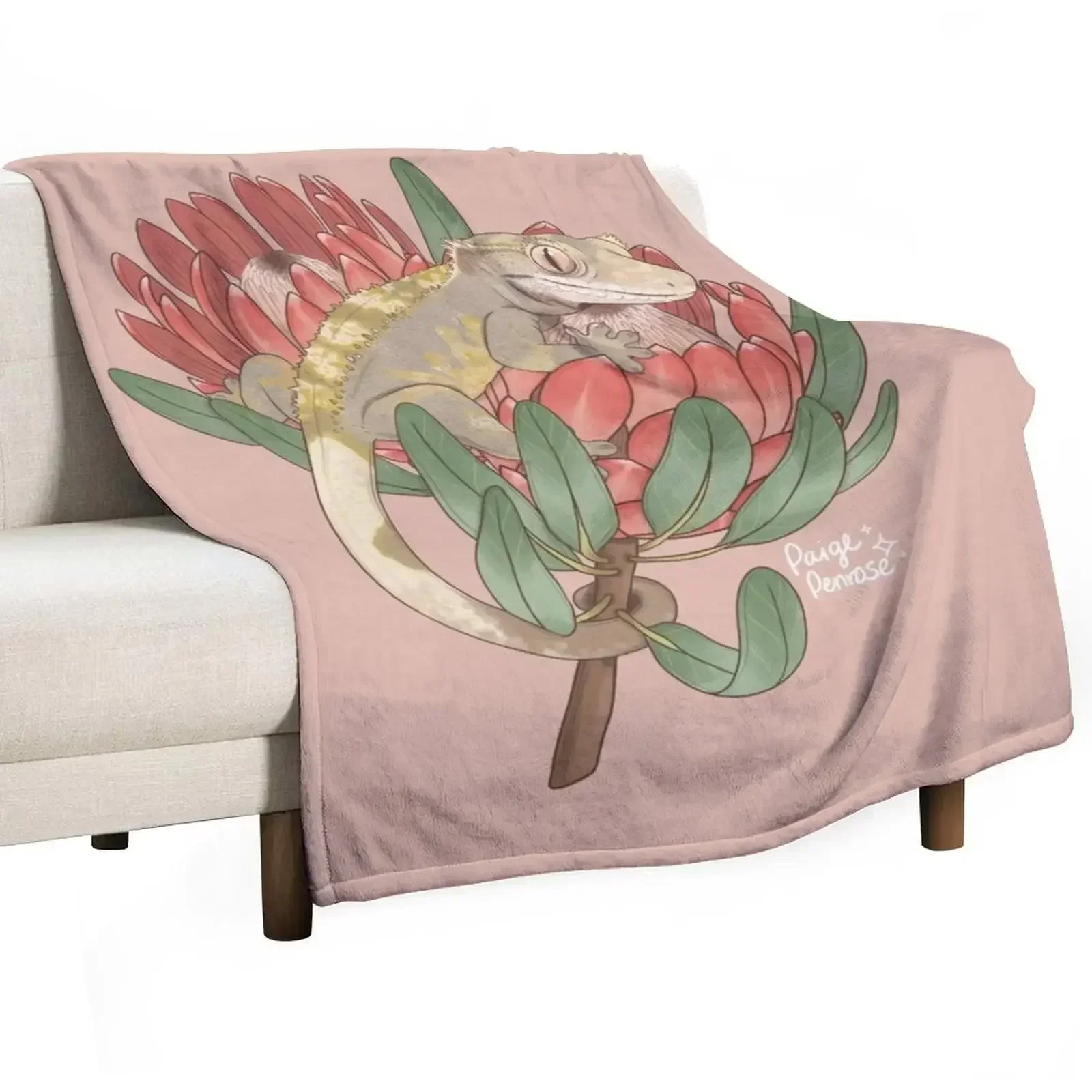 Crested Gecko with Protea Flower Throw Blanket Bed covers Soft Plaid Blankets