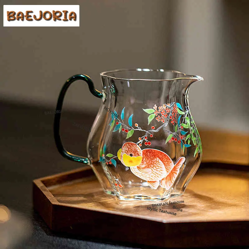 BAEJORIA 230ml Cherry Ranchu Goldfish Glass Tea Pitcher Tea Divider Cha Hai Dispenser Household Justice Cup Fair Mug Cha Gift