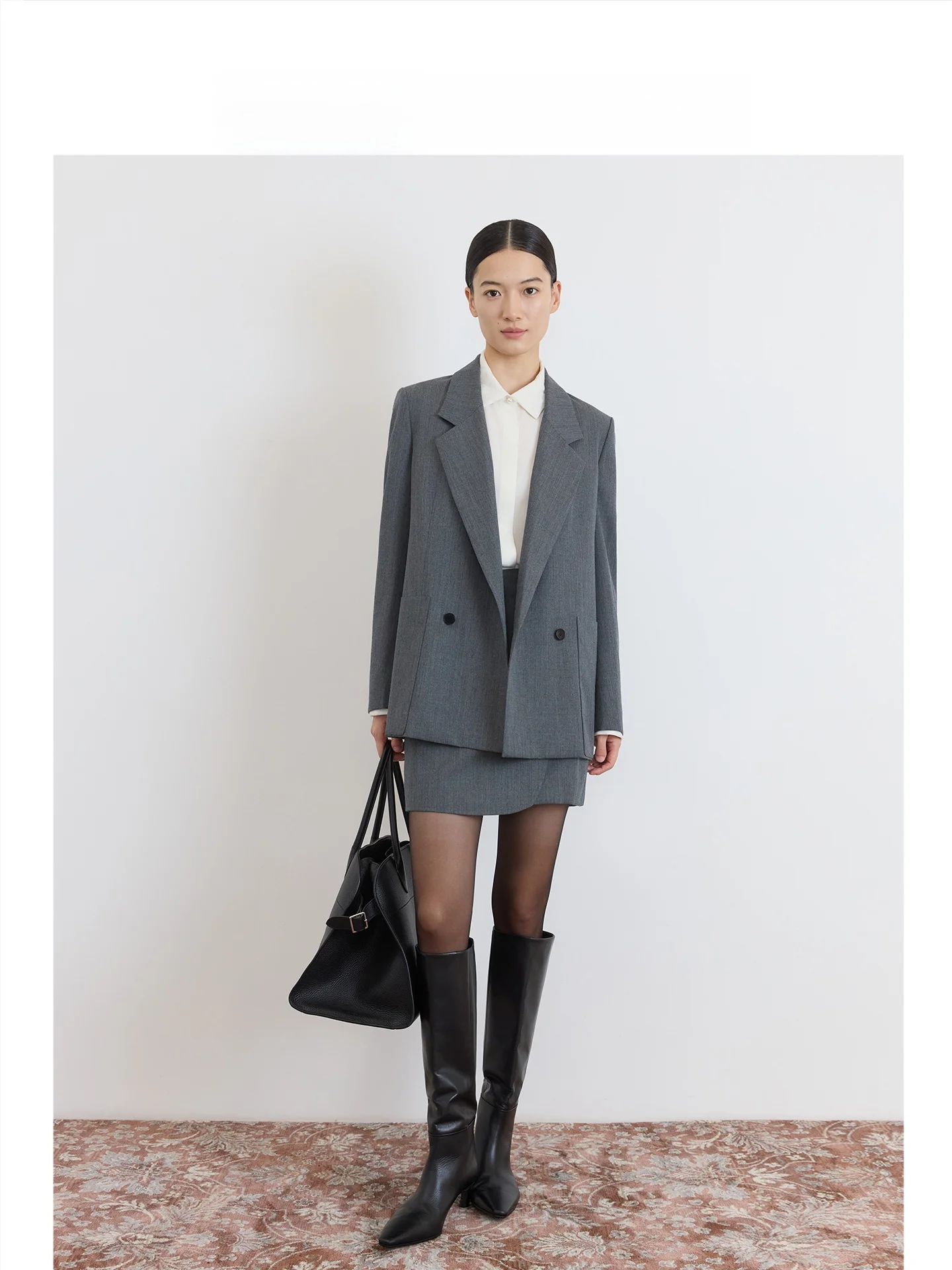 CEJIA Anzugrock-Set aus Merinowolle für Damen, tiefe Augen, Pendeln, SLE, Standpassform, vier Knöpfe, Manschette, echter Schlitz, lang, Sve