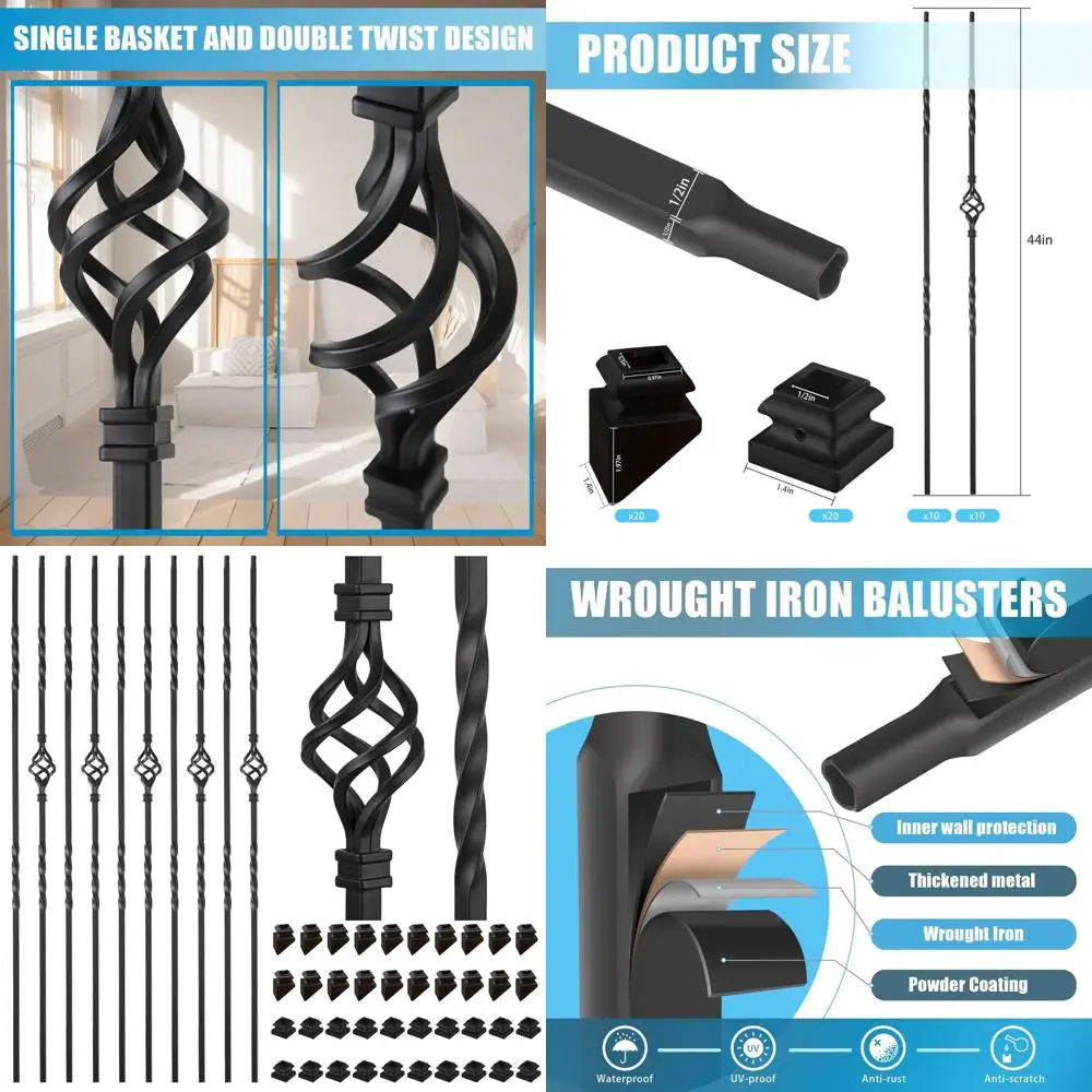 

20 Pack Staircase Iron Balusters - 1/2 Square Hollow Metal Spindles with Single and Double Basket Design, Including 20 Lat and 2