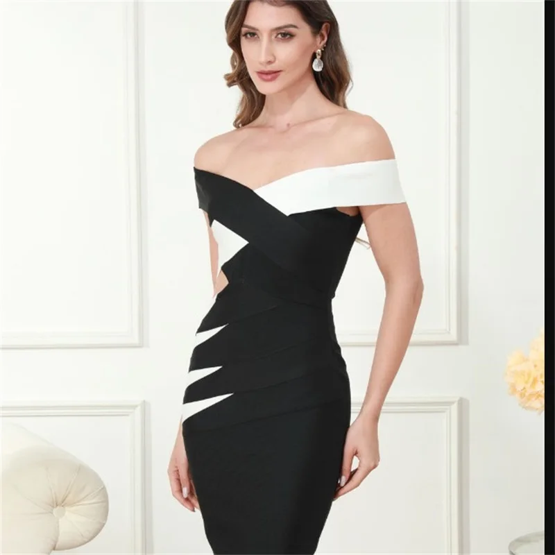 

White Black Evening Dress Sexy Off Shoulder Sleeveless Formal Casual Prom Party Gown Sheath Slim Fit Robe De Mariée In Stock