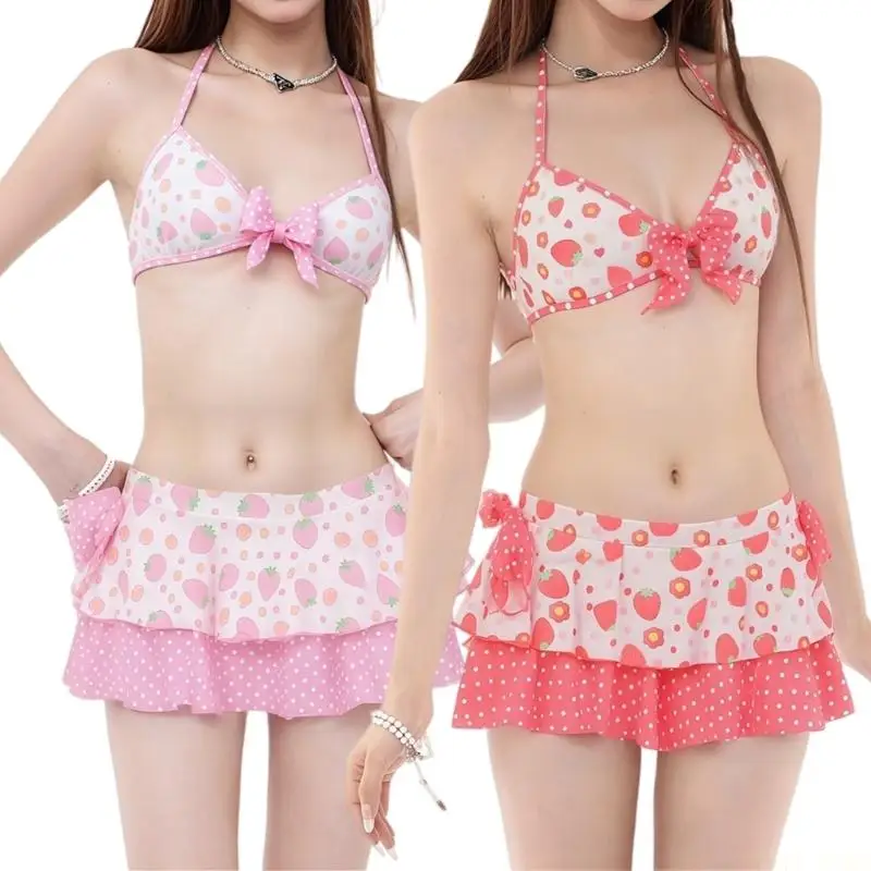 U2JB Pretty Strawberry Print Split Swimwear for Women Fabric and Ruffle Trim